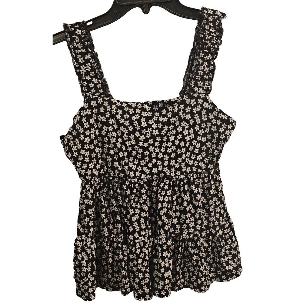 Boho Babydoll Top Ruffle Straps Blk/Wht Size L Y2K Cottage Floral Coquette Fairy - Picture 3 of 7